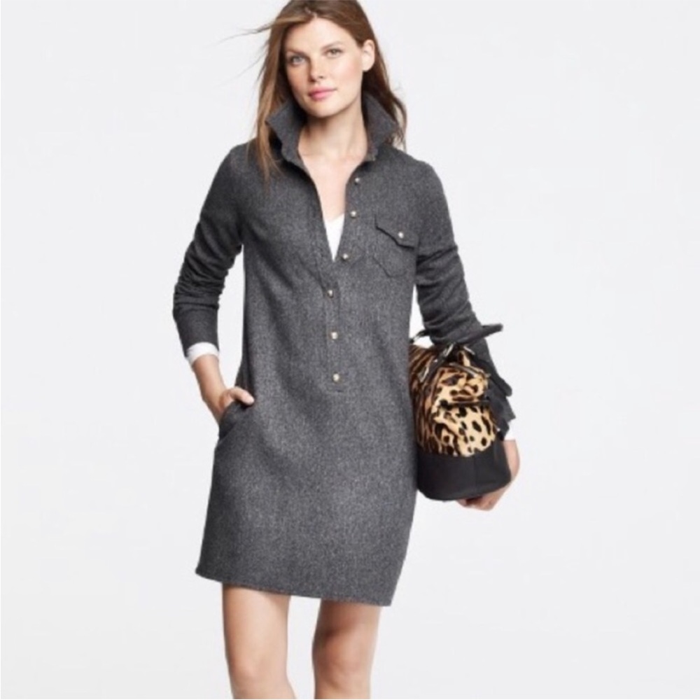 J. Crew Herringbone Wool Shirt Dress Lined
Brass Buttons Long Sleeve NWOT